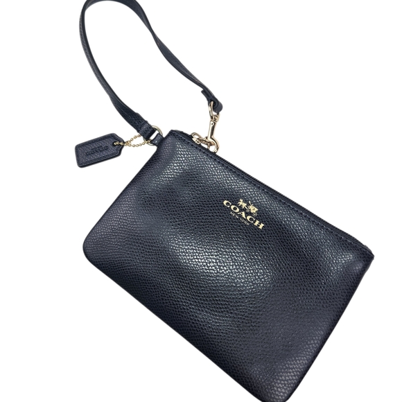 Coach Corner Zip Small Wristlet Crossgrain Leather Navy Blue Pouch Gold Hardware - Picture 2 of 10